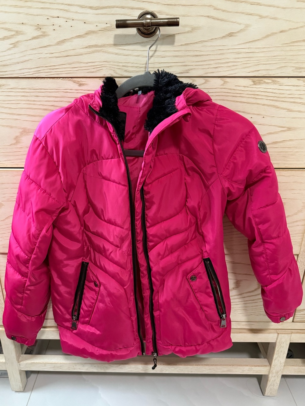 DKNY Hot Pink Puffer Jacket with Faux Fur Trim Hoodie size 10/12